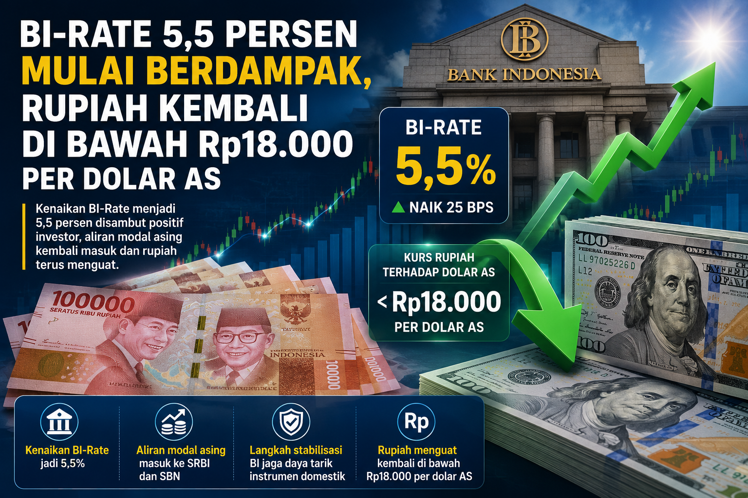 Bi-rate 5,5 persen mulai berdampak, rupiah kembali di bawah rp18. 000 per dolar as Bi-Rate 5,5 Persen Mulai Berdampak, Rupiah Kembali Di Bawah Rp18.000 Per Dolar As