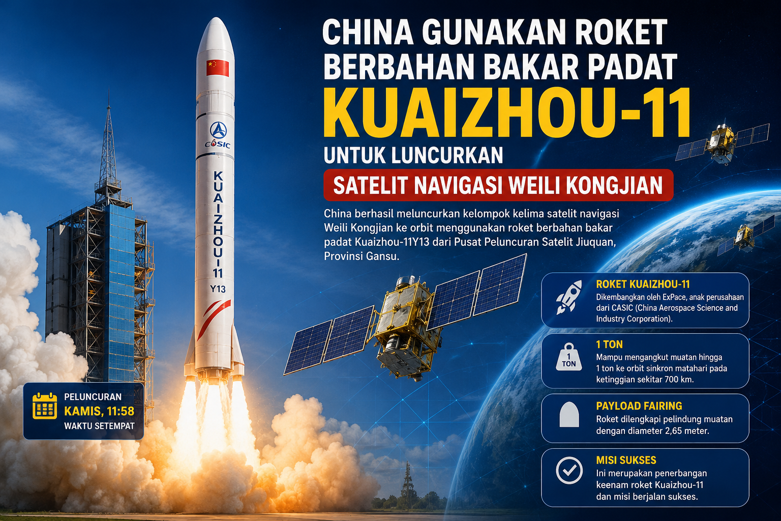 China gunakan roket berbahan bakar padat kuaizhou-11 untuk luncurkan satelit navigasi weili kongjian China Gunakan Roket Berbahan Bakar Padat Kuaizhou-11 Untuk Luncurkan Satelit Navigasi Weili Kongjian