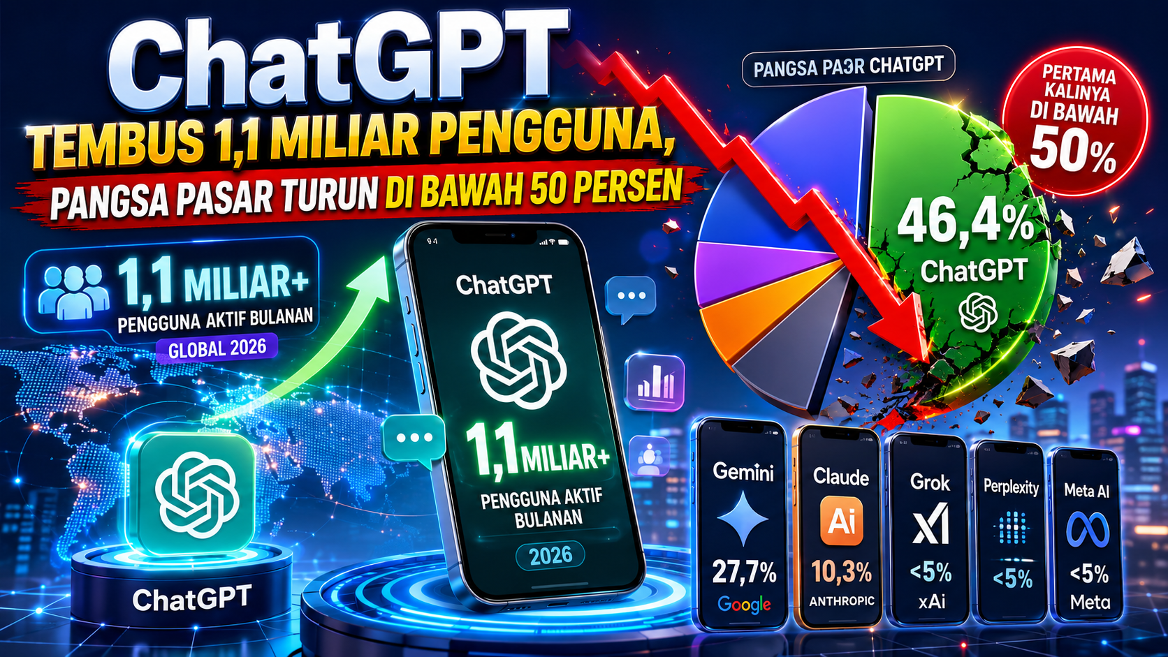 Meski tembus 1,1 miliar pengguna, pangsa pasar chatgpt turun di bawah 50 persen Meski Tembus 1,1 Miliar Pengguna, Pangsa Pasar Chatgpt Turun Di Bawah 50 Persen