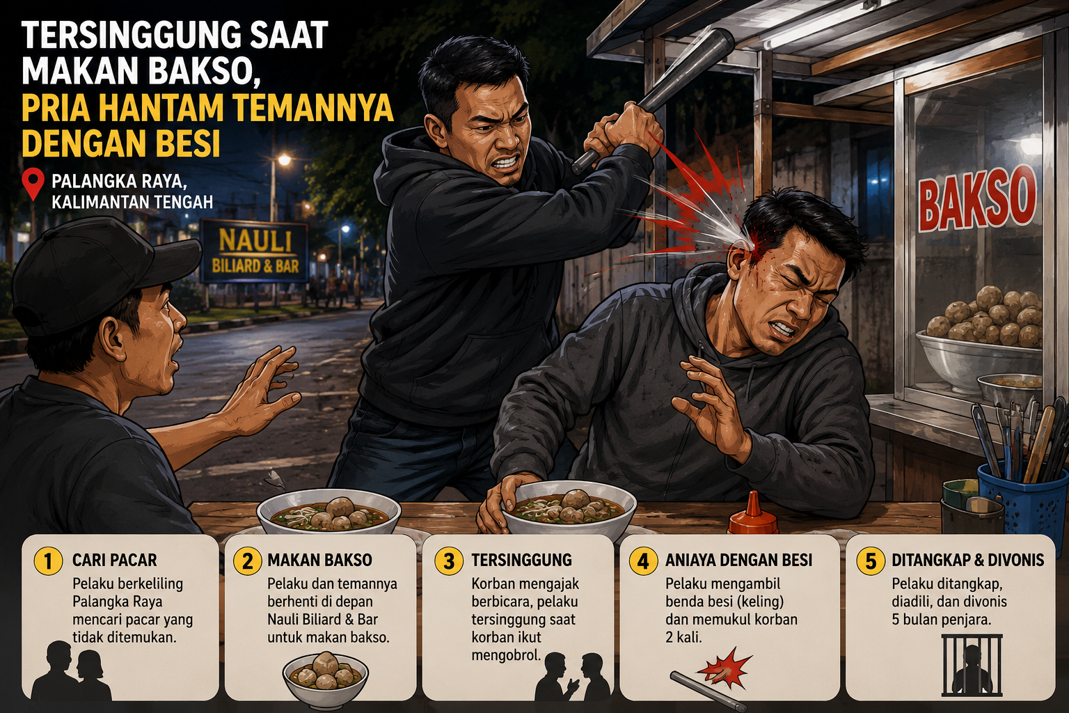 Penganiayaan di palangka raya, tersinggung saat makan bakso, pria hantam temannya dengan besi Penganiayaan Di Palangka Raya, Tersinggung Saat Makan Bakso, Pria Hantam Temannya Dengan Besi