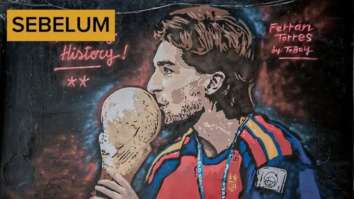 Mural ferran torres bersama trofi piala dunia dirusak, separatis catalunya tinggalkan pesan politik Mural Ferran Torres Bersama Trofi Piala Dunia Dirusak, Separatis Catalunya Tinggalkan Pesan Politik